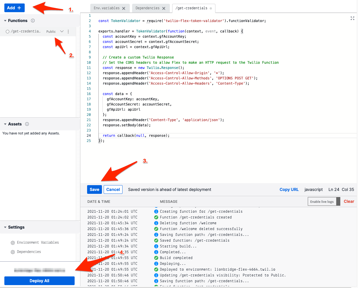 Twilio function editor showing code for token validation with save and cancel buttons highlighted.