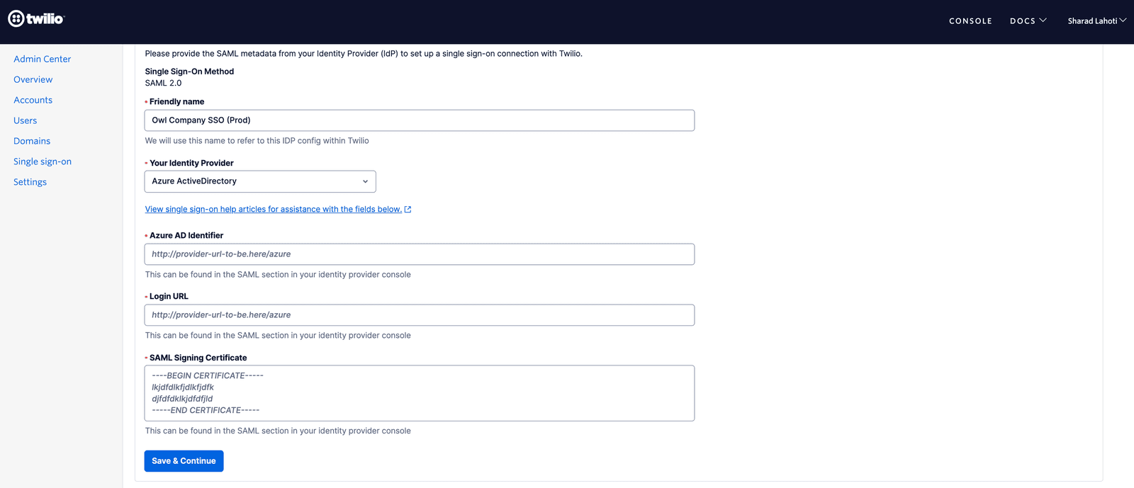 Twilio SSO setup with fields for friendly name, identity provider, Azure AD identifier, login URL, and SAML signing certificate.