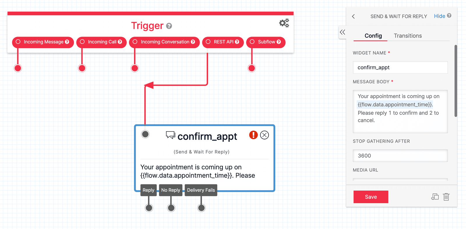 Twilio Studio Appointment Reminders with confirm_appt widget configured, linked to REST API trigger.