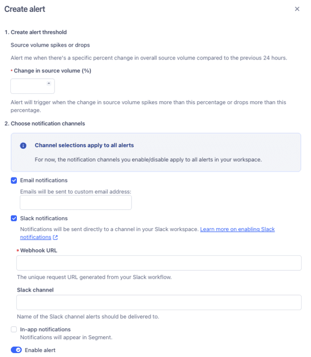 Form for creating alerts based on source volume changes with email and Slack notification options.