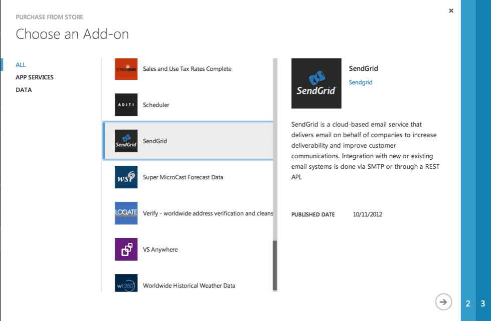SendGrid add-on selected in Azure store with description and publish date.
