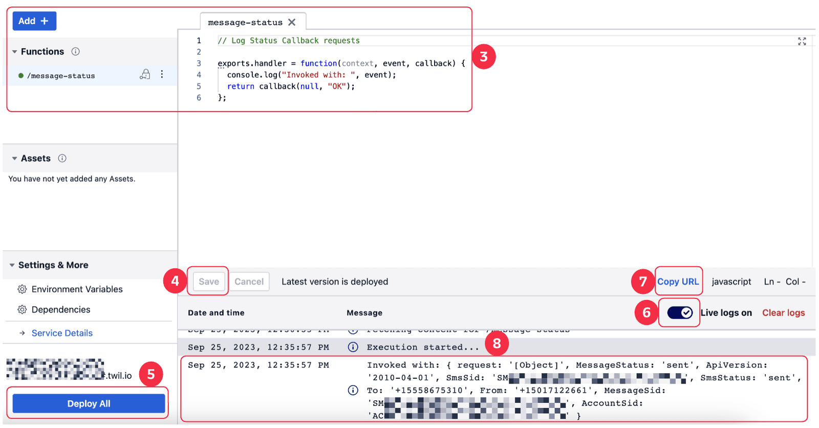 Twilio Functions Editor showing message-status function with code to log status callback requests.