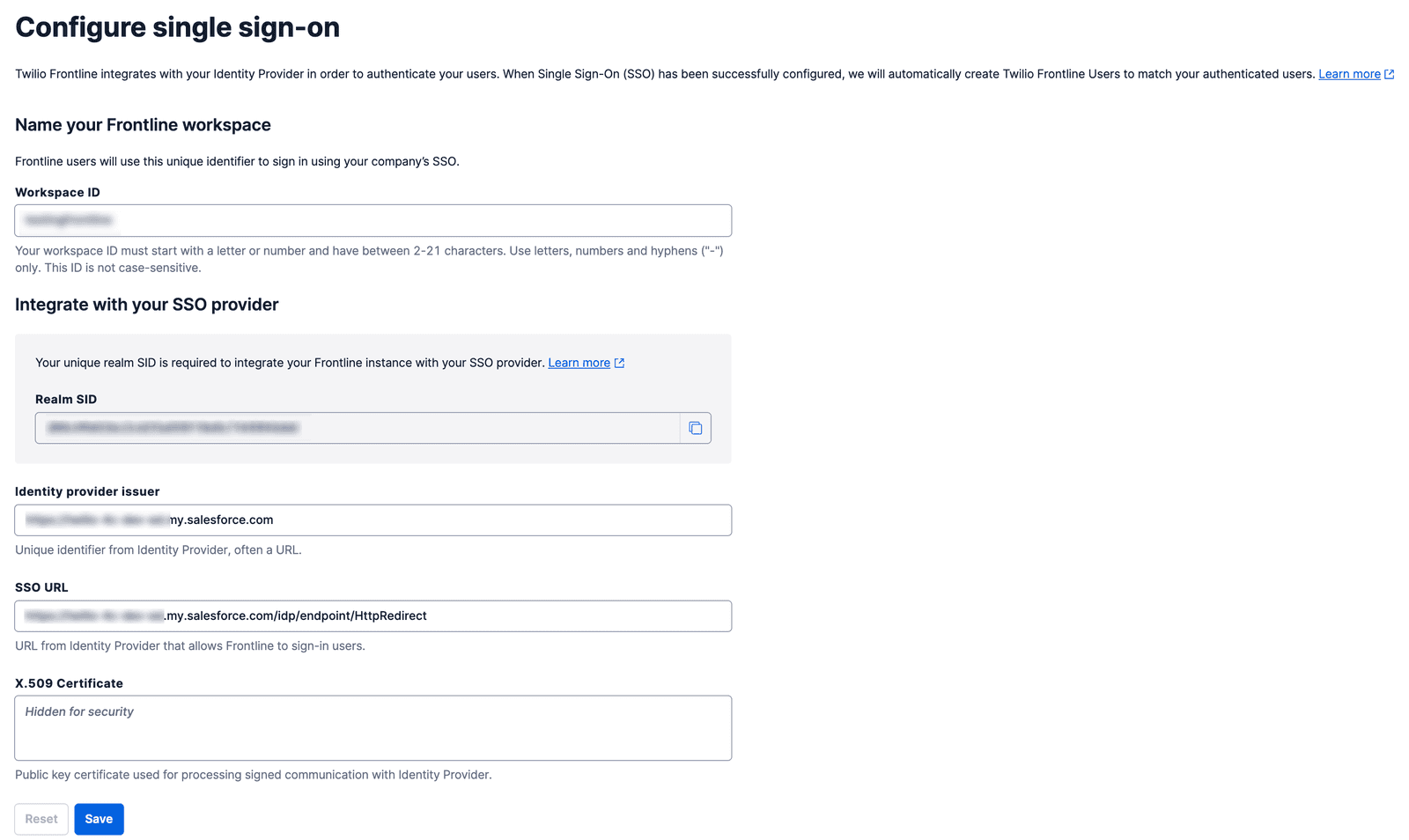 Form fields for configuring SSO with Salesforce, including Workspace ID and SSO URL.