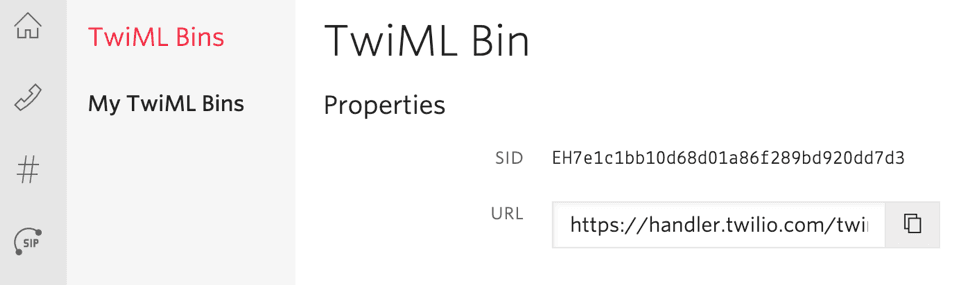 TwiML Bin properties showing SID and URL with copy button.