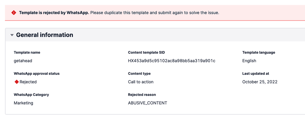 WhatsApp template 'getahead' rejected for abusive content, category marketing, last updated October 25, 2022.