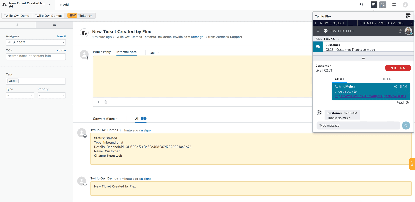 Twilio Flex integration in Salesforce showing no active tasks and user status as idle.