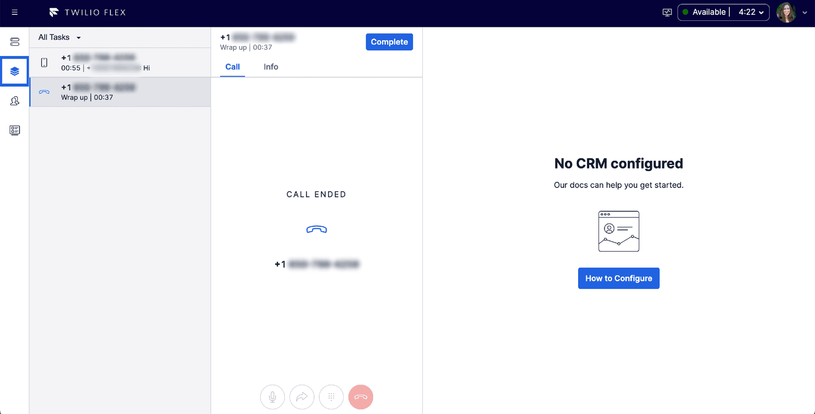 Twilio Flex agent view with active tasks and no CRM configured message.