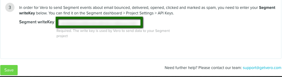 Enter Segment writeKey for Vero to send email event data.