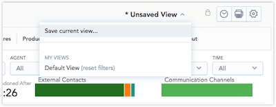 Dropdown menu for saving current view with options for default view and reset filters.