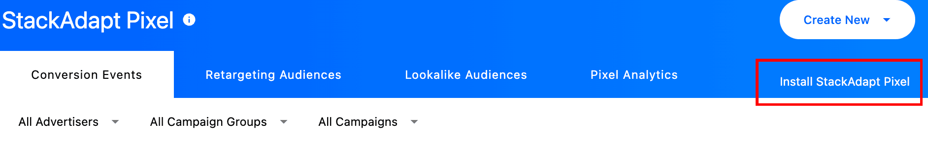 Highlighted link to install StackAdapt Pixel in the navigation bar.