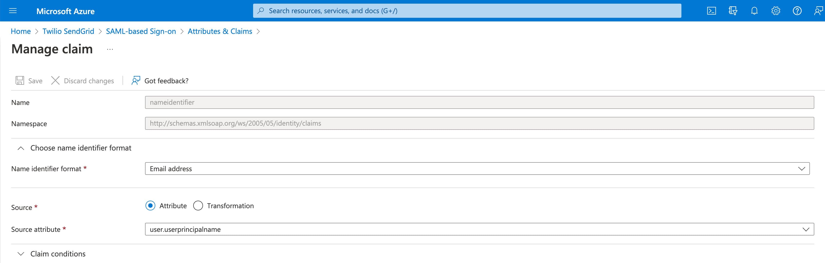 Azure AD claim settings for LastName with user.surname as source attribute.