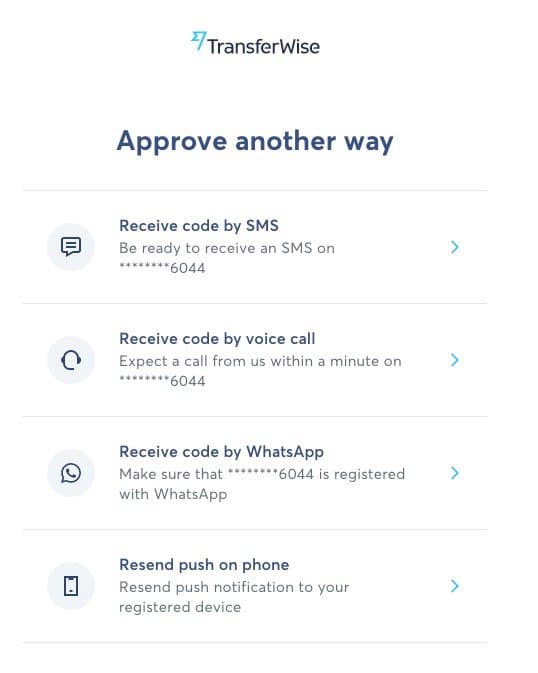 TransferWise options to approve via SMS, voice call, WhatsApp, or push notification.