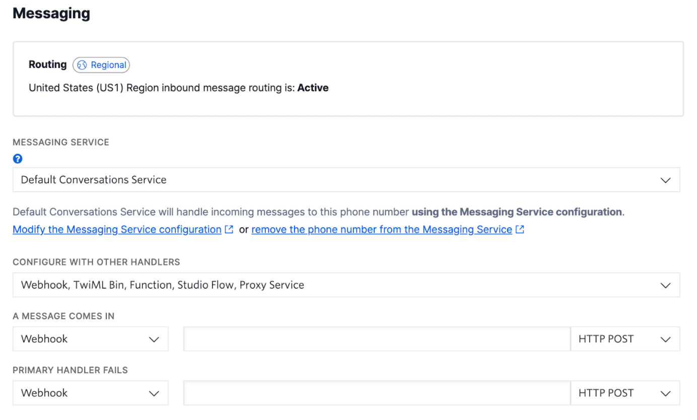Messaging service setup with default conversations and webhook handlers.