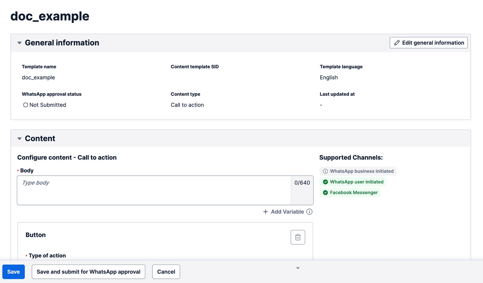 Template configuration page showing WhatsApp approval status and supported channels.