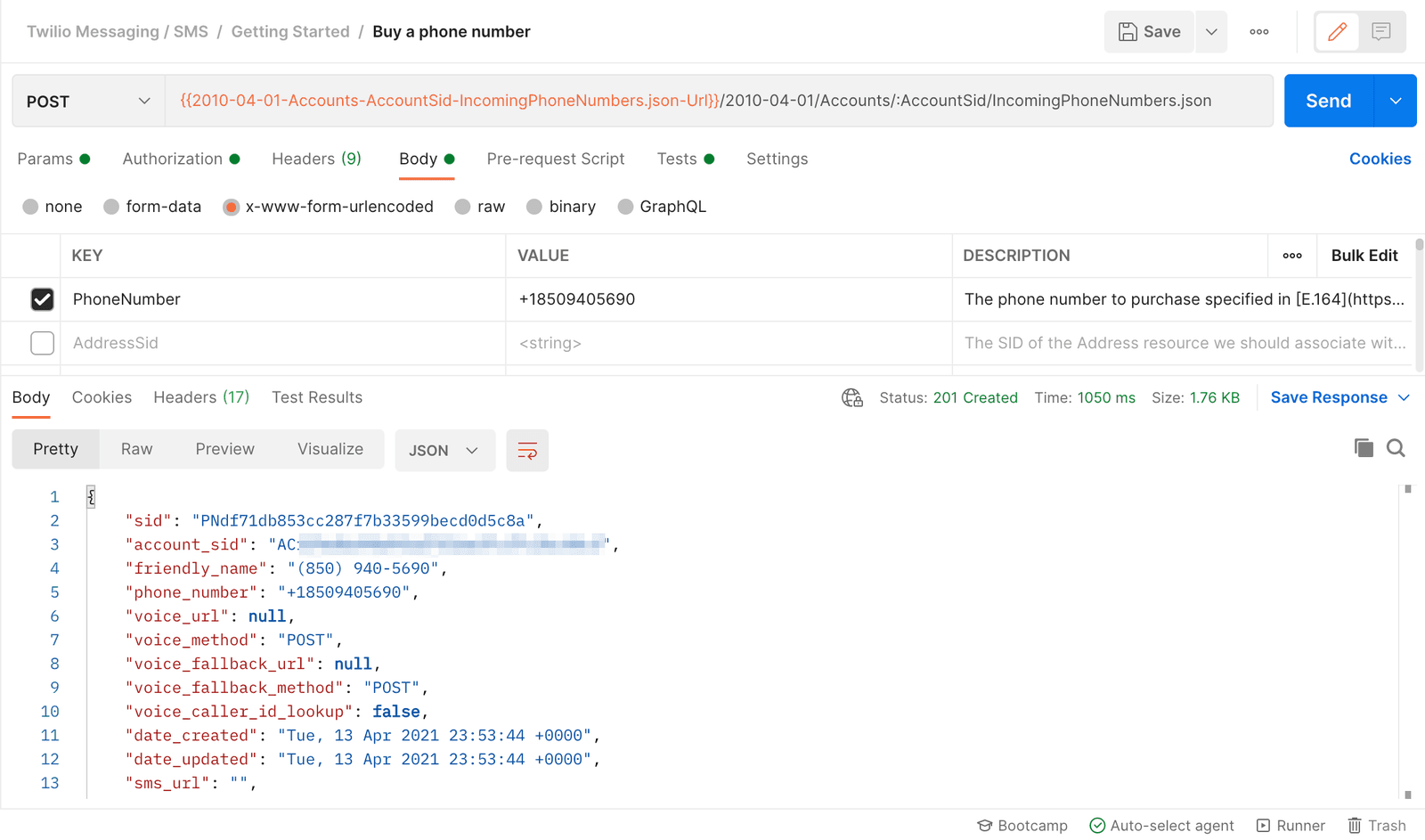 Twilio API response showing successful phone number purchase with details like SID and phone number.