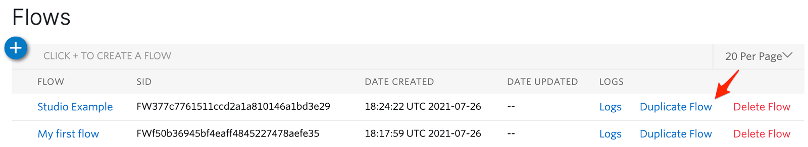 Flow management table with options to delete or duplicate flows.