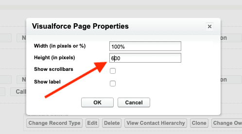 Visualforce Page Properties dialog with width set to 100% and height to 600 pixels.