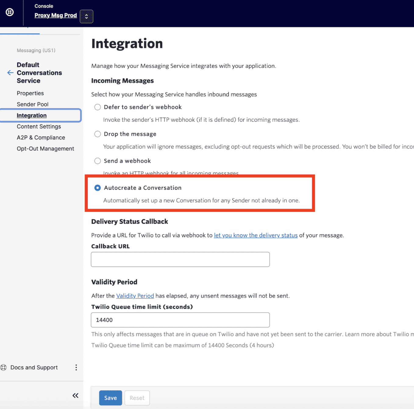 Integration settings with 'Autocreate a Conversation' option selected for incoming messages.