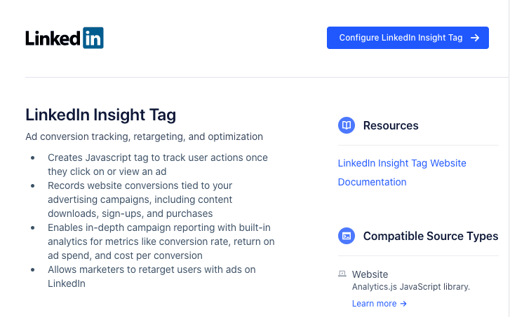 LinkedIn Insight Tag settings page with toggle, setup guide, and data partner ID field.