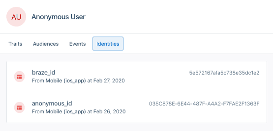 An anonymous user in Segment, with the Identities tab selected and a braze_id identity present.