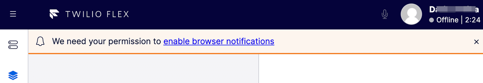 Twilio Flex dashboard showing new task indicators with red dots on menu icons.