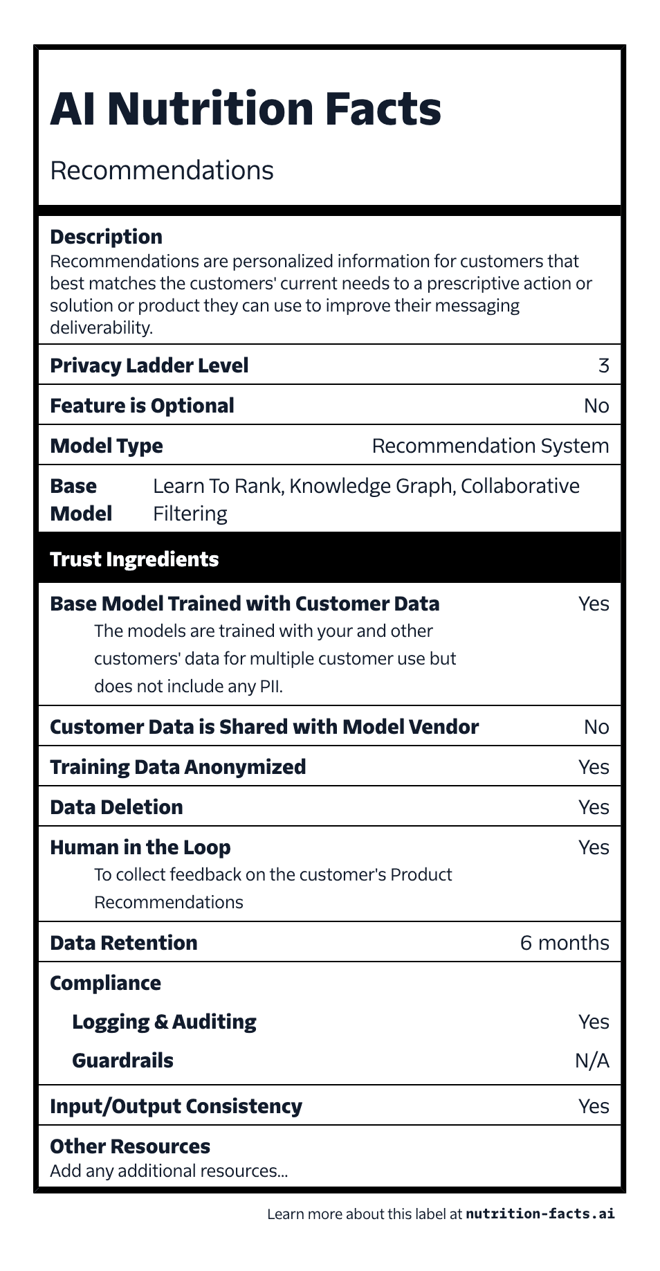Recommendations Nutritional Label showing AI qualities.