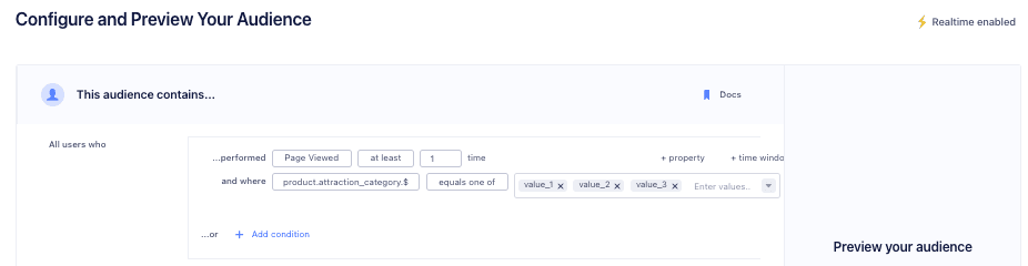 Audience builder with condition: Page Viewed at least once, product category equals one of specified values.