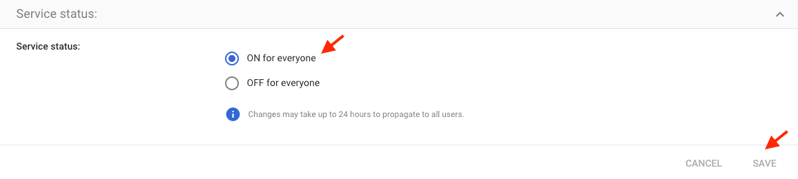 Service status set to ON for everyone with save option highlighted.